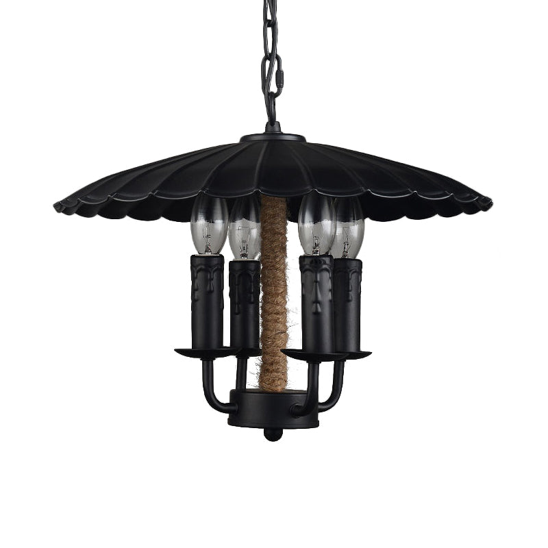Wavy Pendant Light Retro Style Metal 4 Bulbs Candle Hanging Light in Black for Dining Room