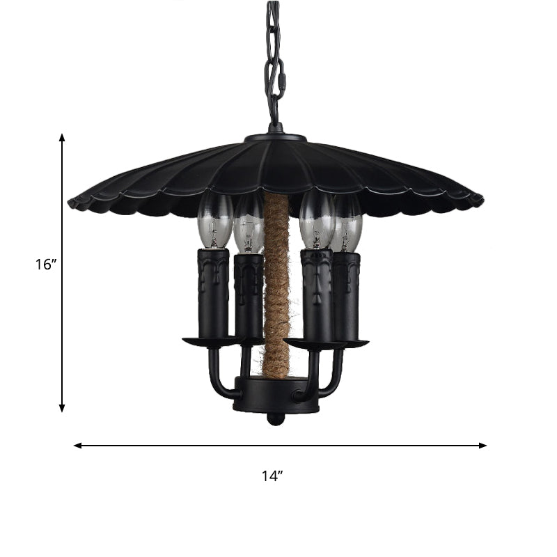 Wavy Pendant Light Retro Style Metal 4 Bulbs Candle Hanging Light in Black for Dining Room