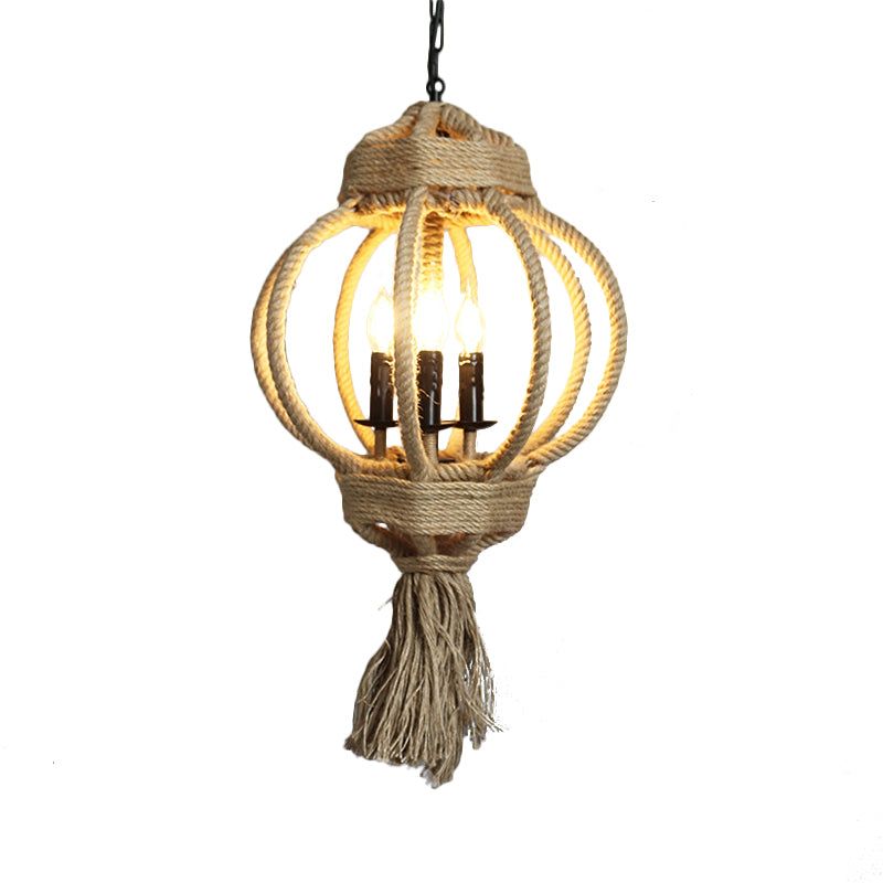 3 Bulbs Lantern Cage Hanging Lamp Country Style Hemp Rope Chandelier Lighting in Beige for Restaurant