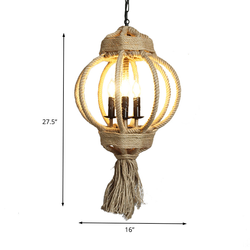 3 Bulbs Lantern Cage Hanging Lamp Country Style Hemp Rope Chandelier Lighting in Beige for Restaurant