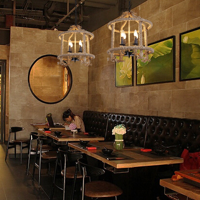 Roped Cage Shade Pendant Lamp Lodge Stylish 4 Lights Restaurant Hanging Light Fixture in Brown