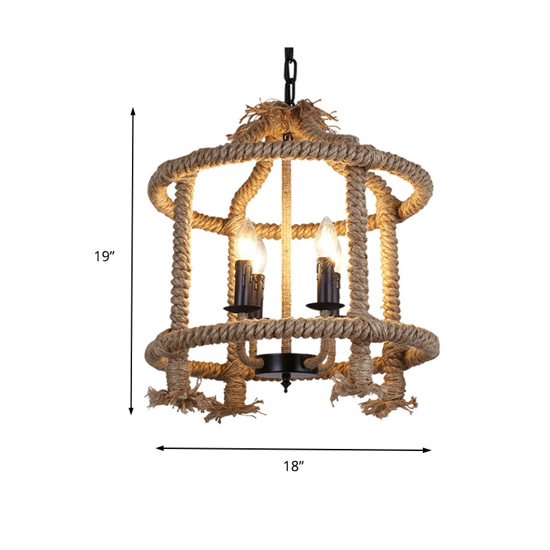 Roped Cage Shade Pendant Lamp Lodge Stylish 4 Lights Restaurant Hanging Light Fixture in Brown