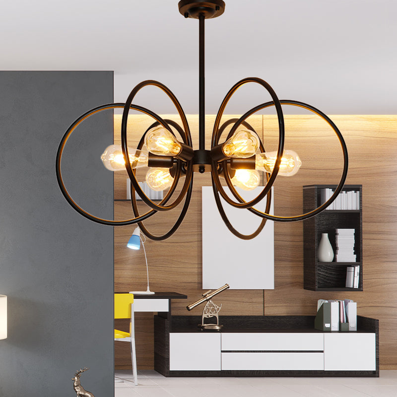 Multi Ring Metal Chandelier Light Vintage Style 6 Lights Restaurant Ceiling Light Fixture in Black