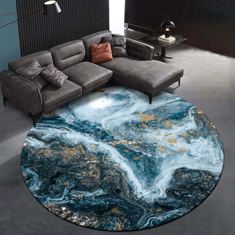 Simple Modern Rug in Blue and Black Abstract Marble Pattern Rug Polyester Washable Carpet for Home Decoration