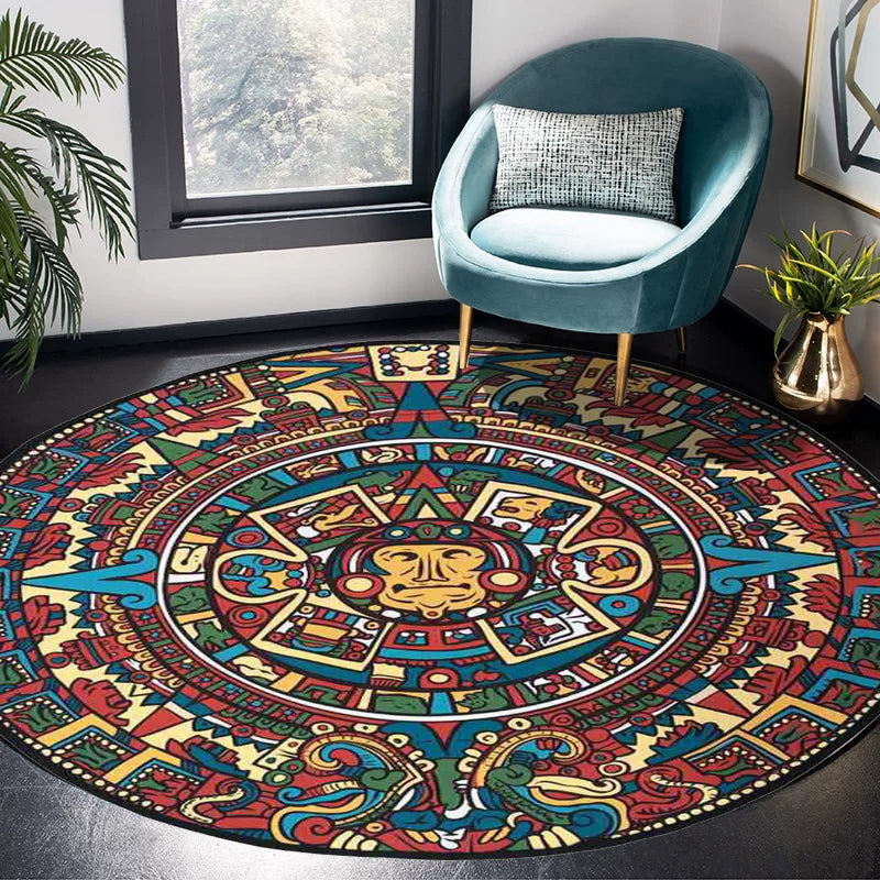 Southwestern Living Room Rug in Red Tribal Animal Circle Print Rug Polyester Non-Slip Backing Washable Area Rug