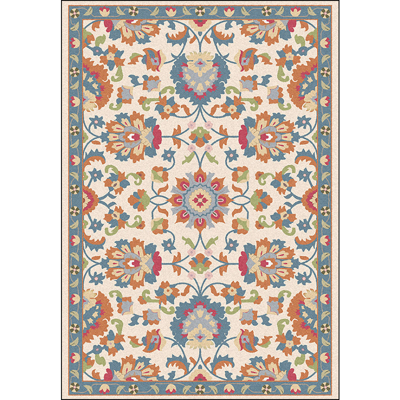Persian Moroccan Rug in Ivory and Grey Flower Leaf Motif Pattern Rug Polyester Washable Carpet for Home Decoration