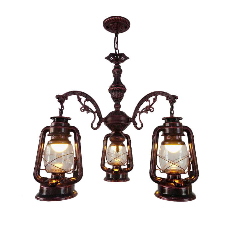 Clear Glass Black/Silver/Red Chandelier Light Lantern 3-Light Industrial Pendant Lamp for Kitchen