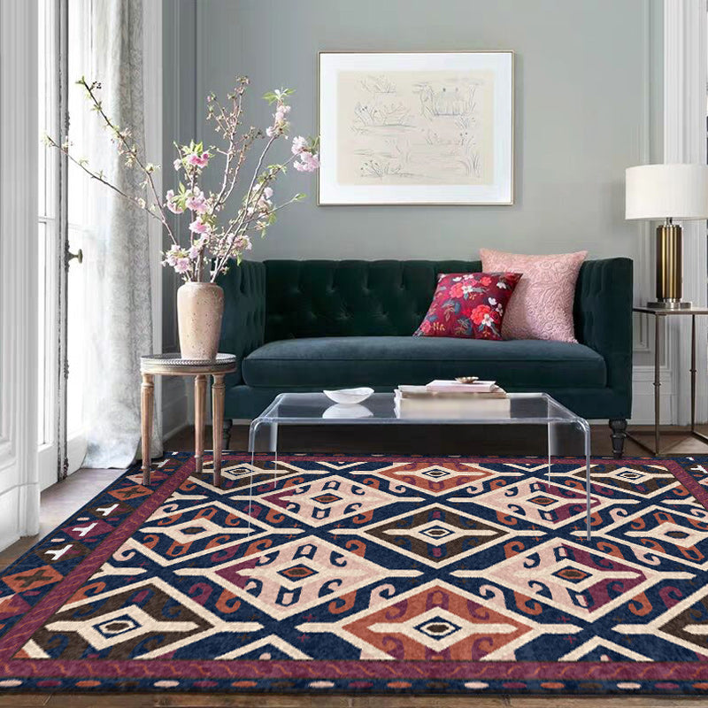 Moroccan Living Room Rug in Blue and Red Diamond Triangle Print Rug Polyester Washable Non-Slip Area Rug