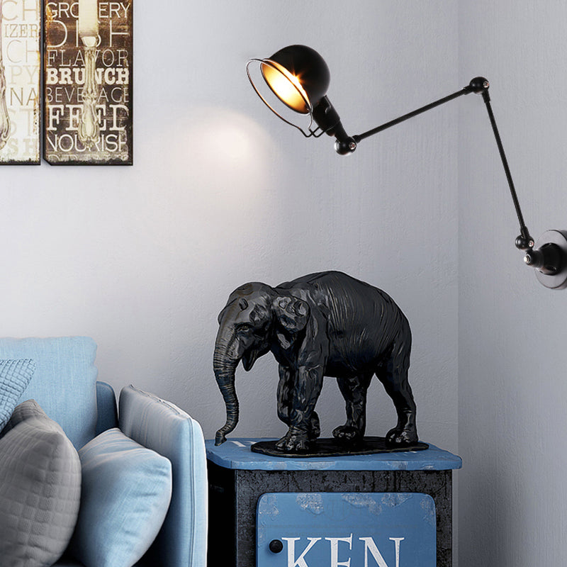 Black/White Swing Arm Wall Light Fixture with Bowl Shade Industrial Metal 1 Head Corridor Sconce Lamp