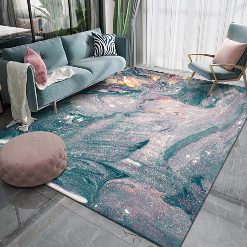Green and Blue Bedroom Rug Modern Abstract Seawater Pattern Area Rug Polyester Pet Friendly Washable Carpet