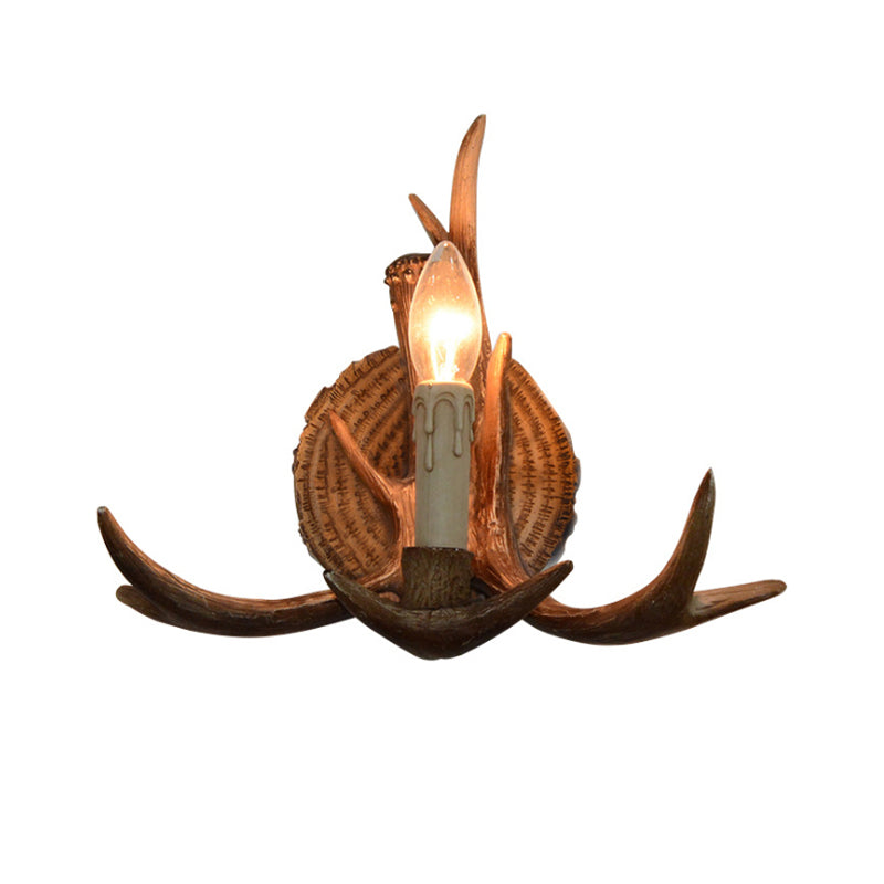 Resin Candle Wall Sconce with Antlers Deco 1 Head Rustic Wall Light in Brown for Cottage