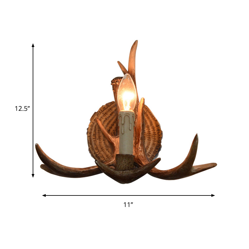 Resin Candle Wall Sconce with Antlers Deco 1 Head Rustic Wall Light in Brown for Cottage