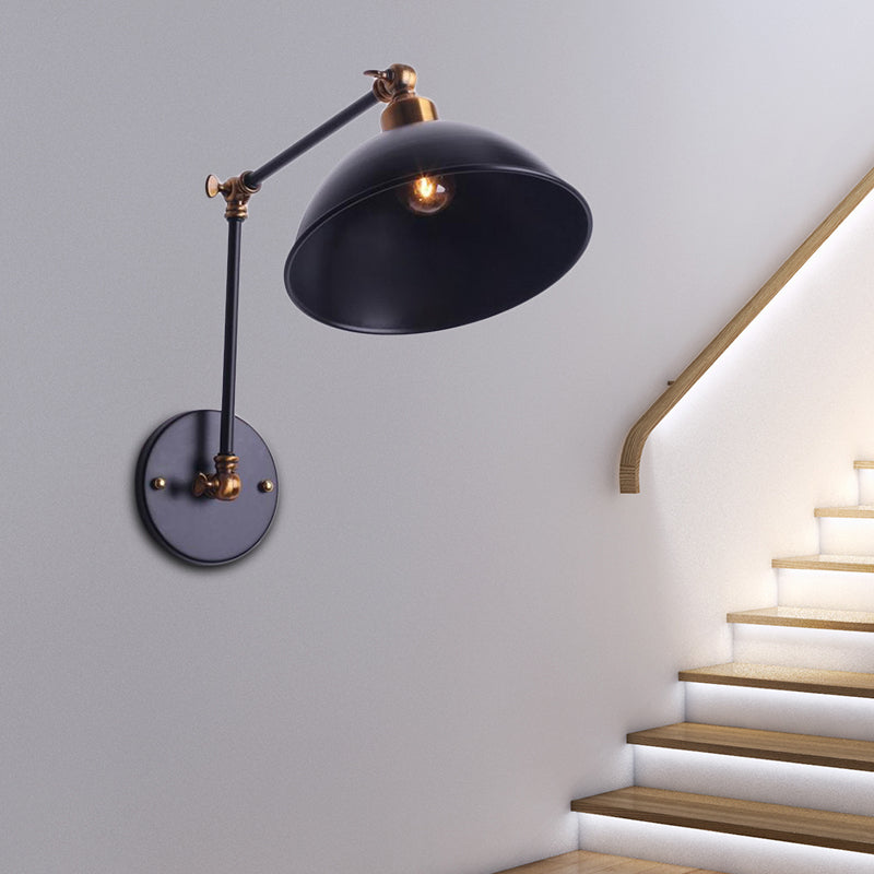 1 Bulb Sconce Light Vintage Swing Arm Metal Wall Lighting with Bowl Shade in Black for Stairway
