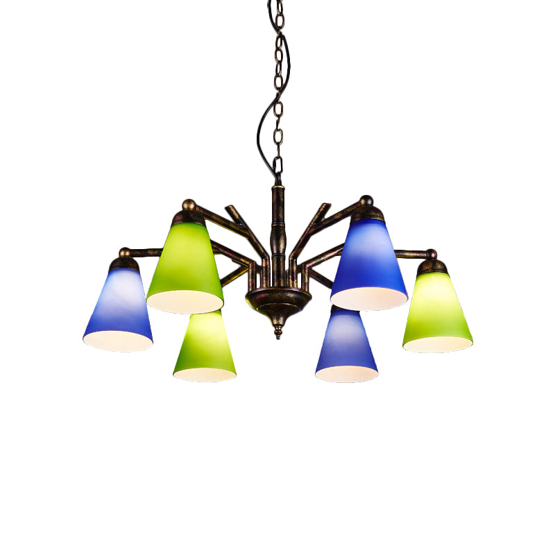 Rust Tapered Shade Chandelier 6 Lights Retro Metal Hanging Light for Restaurant