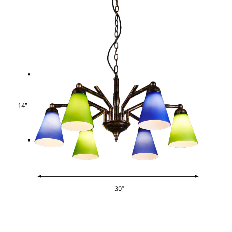 Rust Tapered Shade Chandelier 6 Lights Retro Metal Hanging Light for Restaurant