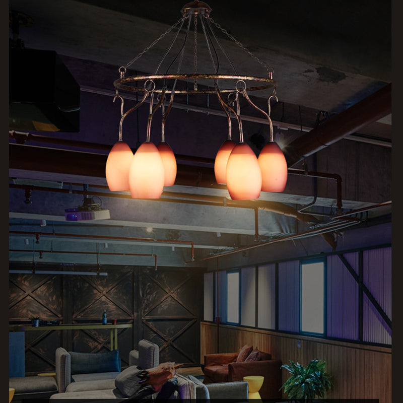 6 Lights Ring Hanging Light with Pink Melon Shade Antique Glass Chandelier for Cafe