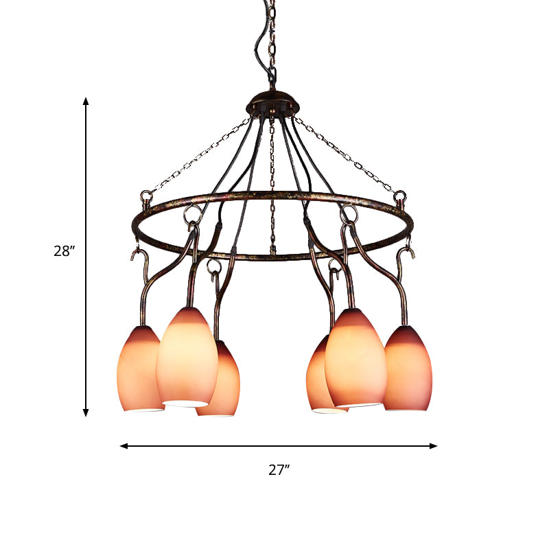 6 Lights Ring Hanging Light with Pink Melon Shade Antique Glass Chandelier for Cafe