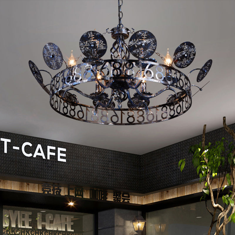 Etched Circular Coffee Shop Hanging Light Antique Wrought Iron 6 Heads Rust Chandelier Lamp with Bare Bulb