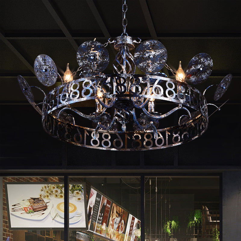 Etched Circular Coffee Shop Hanging Light Antique Wrought Iron 6 Heads Rust Chandelier Lamp with Bare Bulb