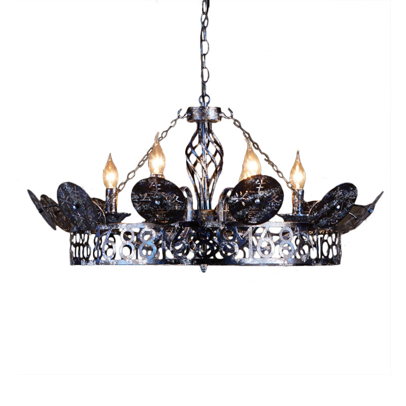 Etched Circular Coffee Shop Hanging Light Antique Wrought Iron 6 Heads Rust Chandelier Lamp with Bare Bulb