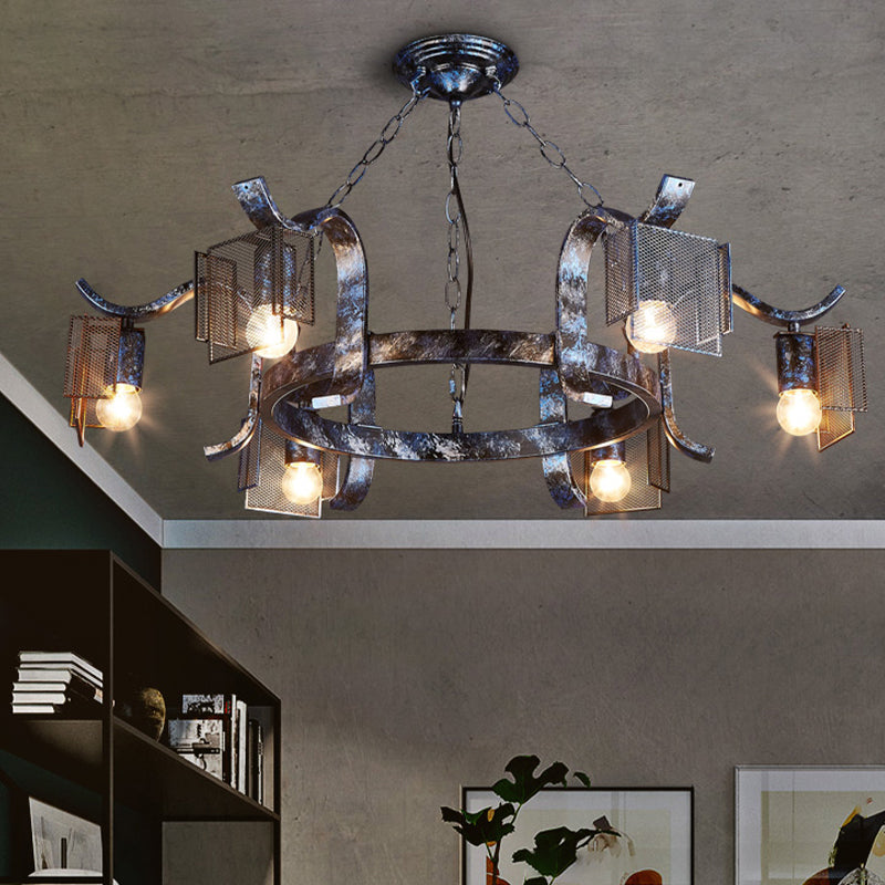 Fer Ring Hanging Light avec écran en mailles six têtes pendantes rustiques Lumière en noir antique pour bar