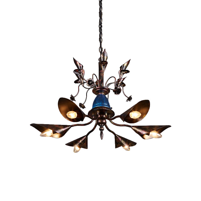 Villa Horn Shade Chandelier Metallic 6 Bulbs Classic Style Pendant Light in Rust