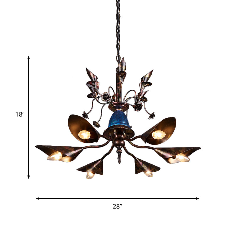Villa Horn Shade Chandelier Metallic 6 Bulbs Classic Style Pendant Light in Rust