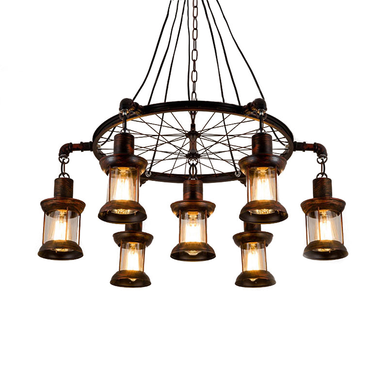 Coastal Lantern Hanging Lamp 7 Lights Clear Glass Chandelier Lighting in Rust with Wheel