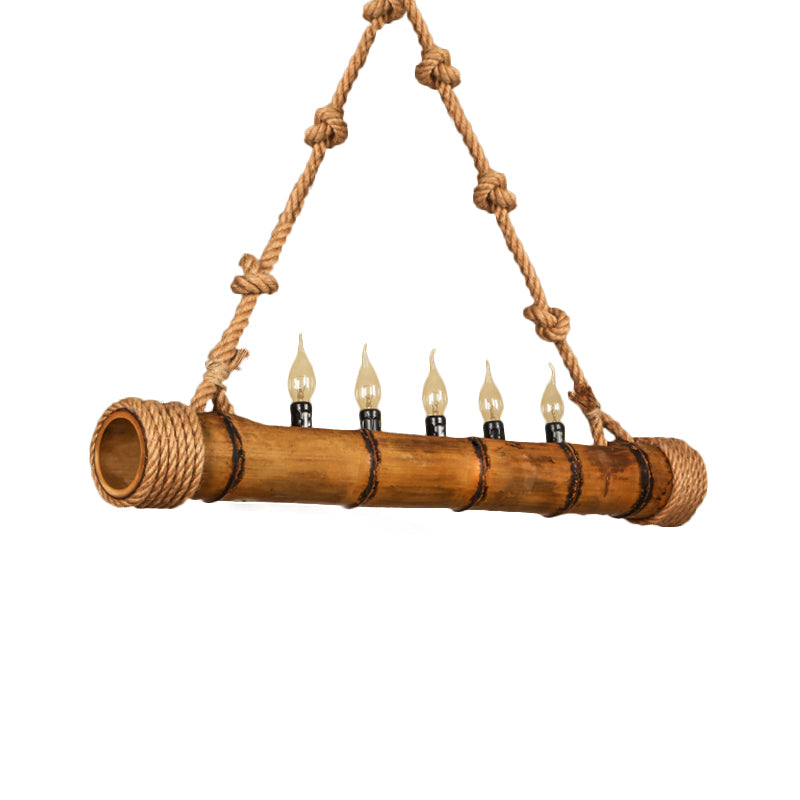 Forme de bambou beige Lumière suspendue avec une bougie 5 lumières Chandelier en bois rustique pour chalet