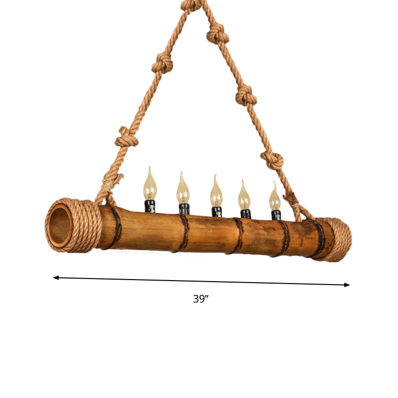 Forme de bambou beige Lumière suspendue avec une bougie 5 lumières Chandelier en bois rustique pour chalet