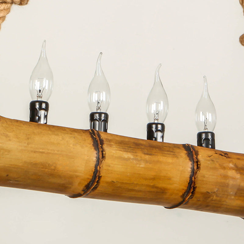 Forme de bambou beige Lumière suspendue avec une bougie 5 lumières Chandelier en bois rustique pour chalet