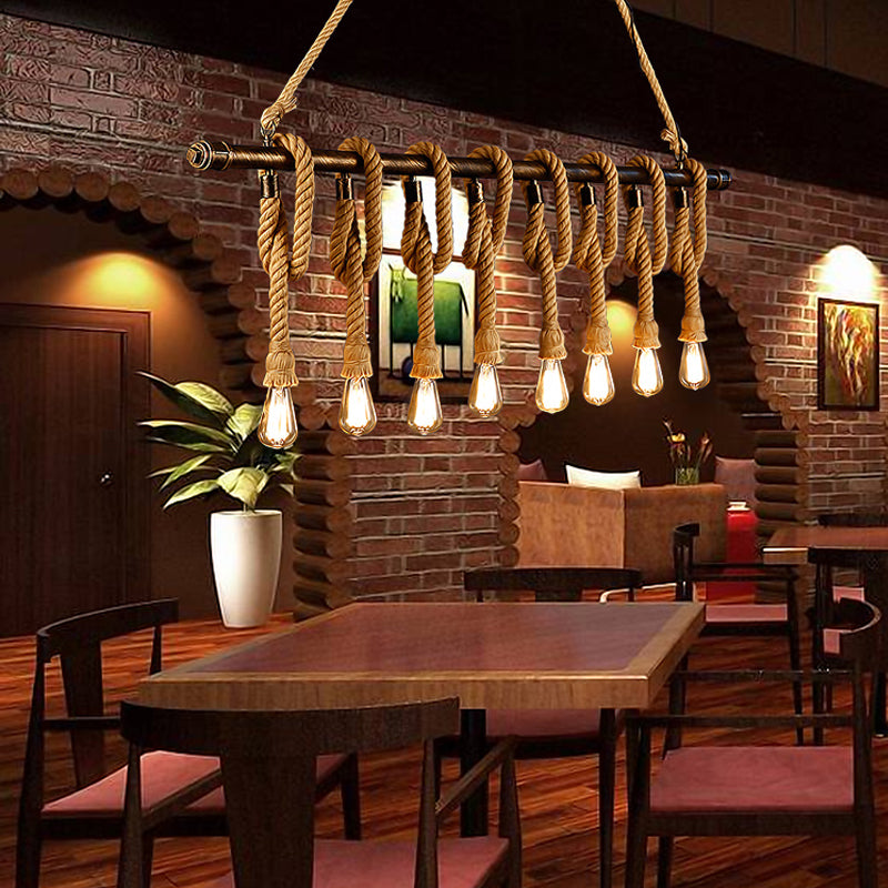 Verstelbaar touw blootgesteld eilandlicht retro industrieel 5/6-licht restaurant eiland plafondlicht in beige/lichtgeel