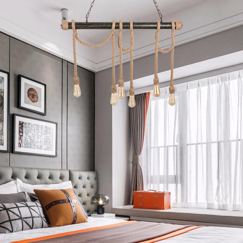 Adjustable Rope Exposed Island Light Retro Industrial 5/6-Light Restaurant Island Ceiling Light in Beige/Light Yellow