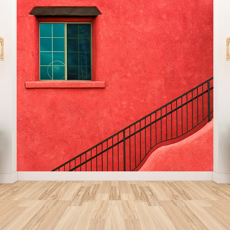 Full Size Outside Stairway Mural Stain Resistant Modern Living Room Wall Decor in Orange Red