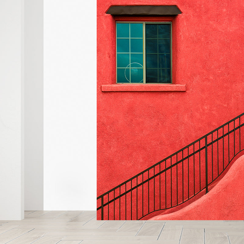 Full Size Outside Stairway Mural Stain Resistant Modern Living Room Wall Decor in Orange Red