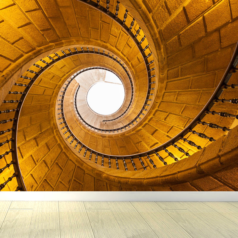Yellow Whirling Stairs Wall Mural Waterproof Contemporary Sitting Room Wall Covering