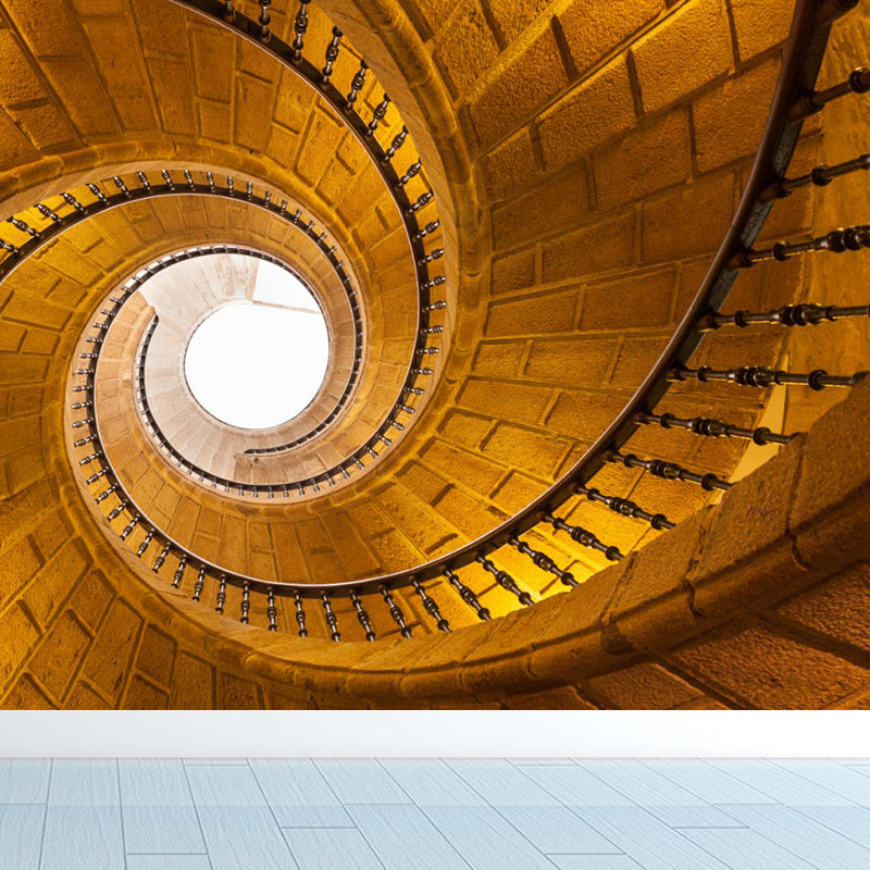 Yellow Whirling Stairs Wall Mural Waterproof Contemporary Sitting Room Wall Covering