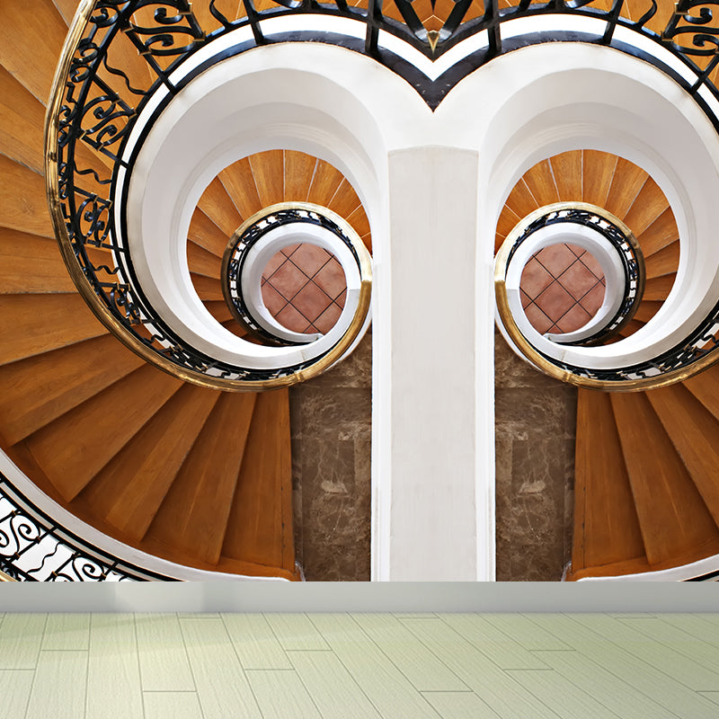 Symmetric Swirled Stairs Mural Wallpaper Brown Modern Style Wall Art for Family Room