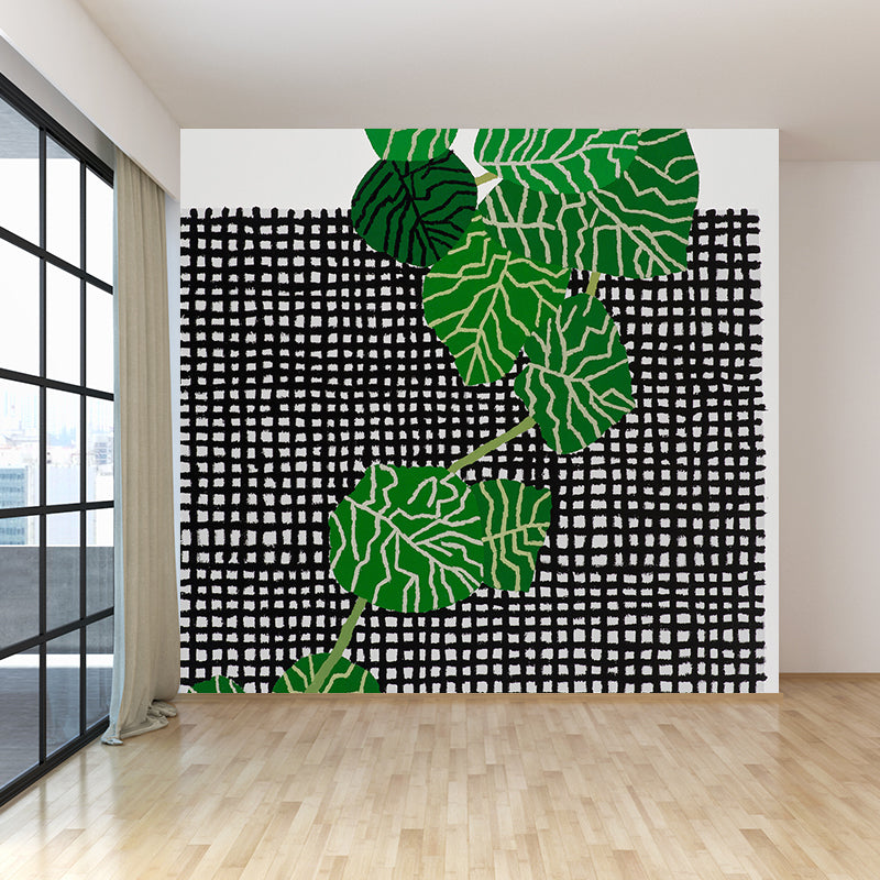 Plaid and Plant Wall Mural Modern Decorative Living Room Wall Covering, Custom Size Available