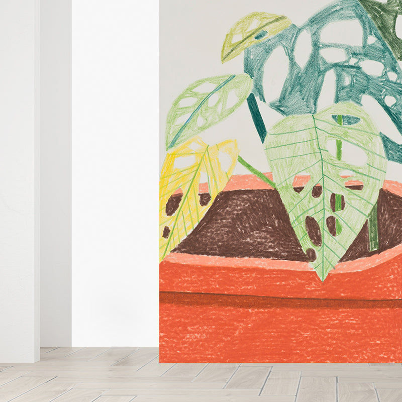 Orange Pot Plant Mural Wallpaper Stain Resistant Contemporary Bathroom Wall Covering