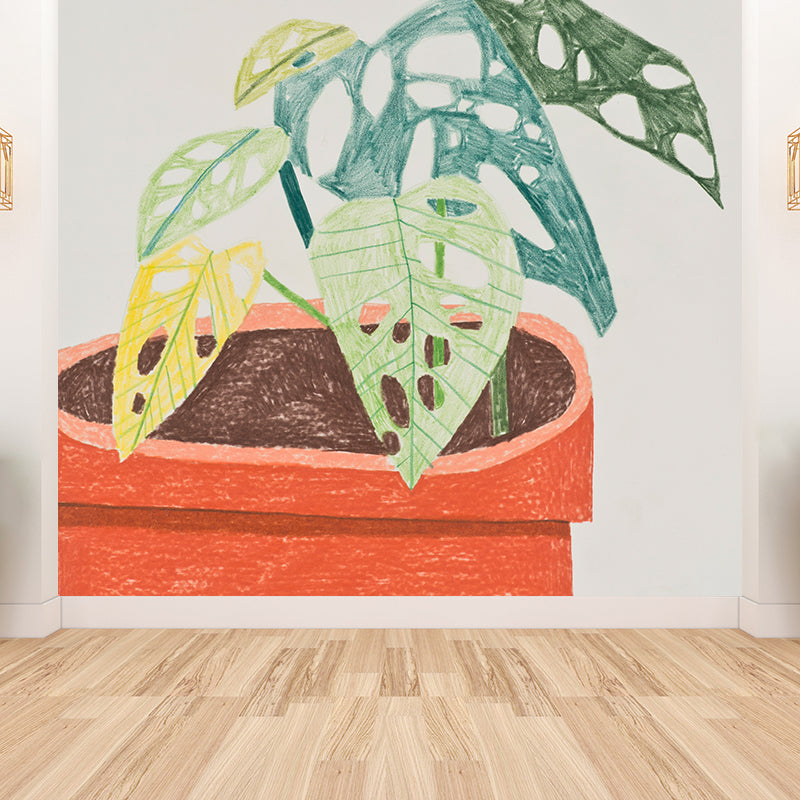 Orange Pot Plant Mural Wallpaper Stain Resistant Contemporary Bathroom Wall Covering