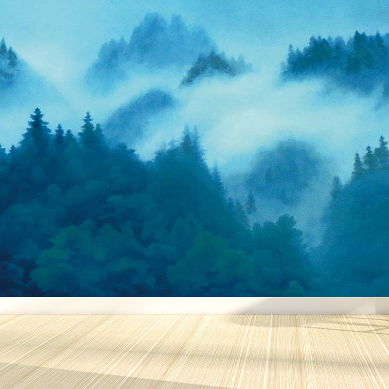 Contemporary Misty Forest Mural Decal Green Bedroom Wall Covering, Made to Measure