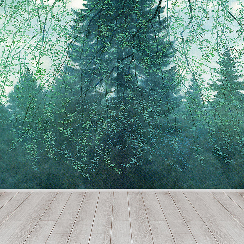 Modern Woodland Mural Wallpaper Green Dining Room Wall Art, Custom Size Available
