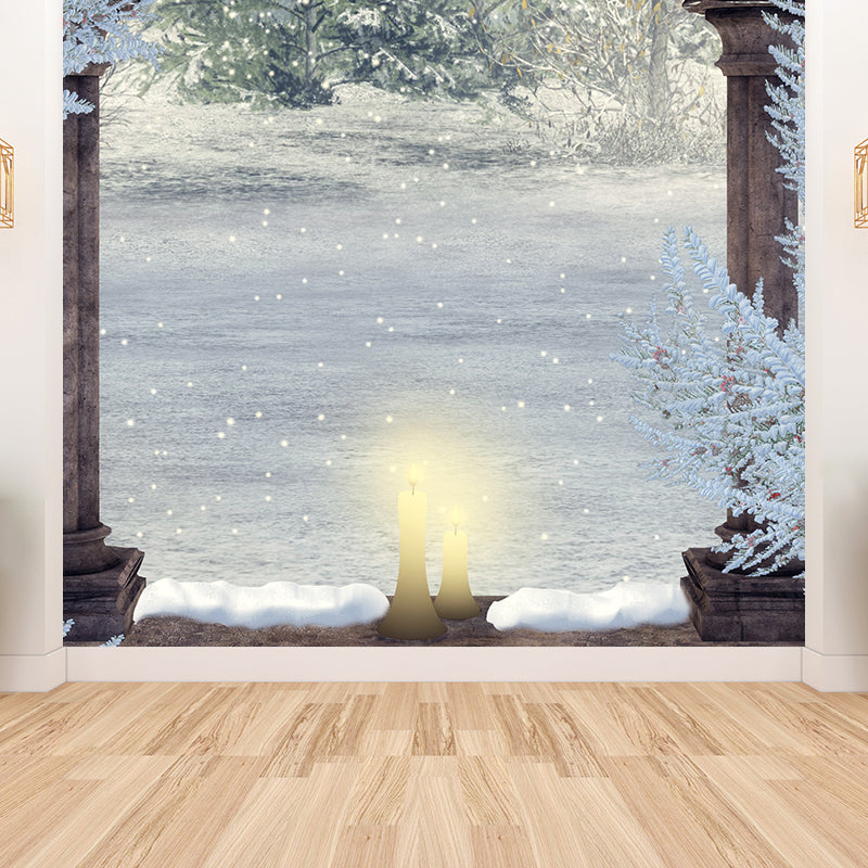 Contemporary Boys Mural Wallpaper Winter Pergola and Flowers Brown Wall Covering