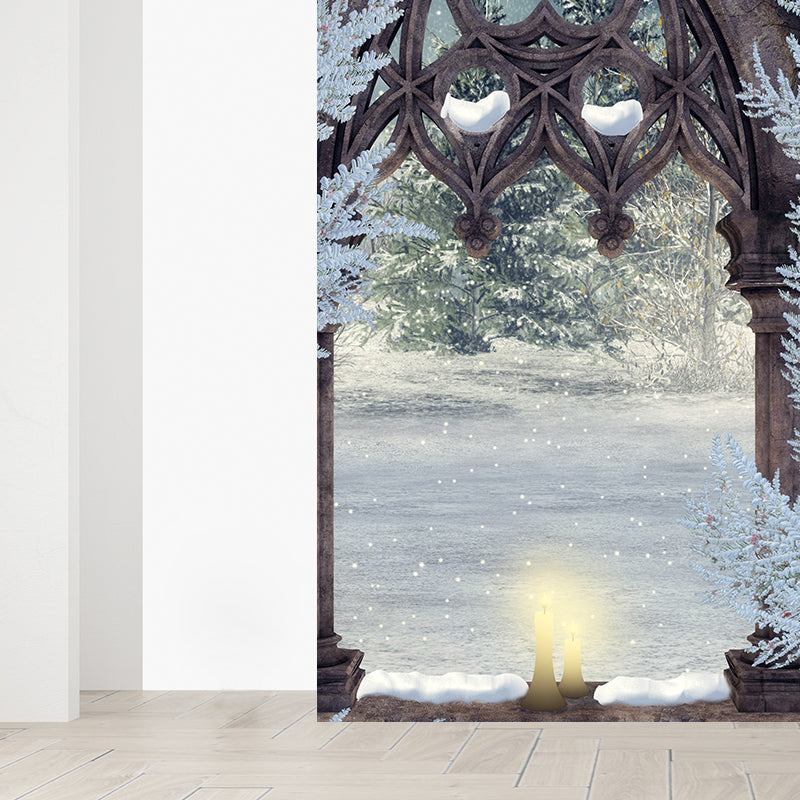 Contemporary Boys Mural Wallpaper Winter Pergola and Flowers Brown Wall Covering