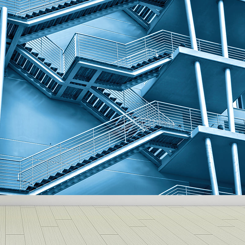 Huge Dog-Legged Stairs Wall Mural House Interior Architecture Wall Art in Blue, Waterproof