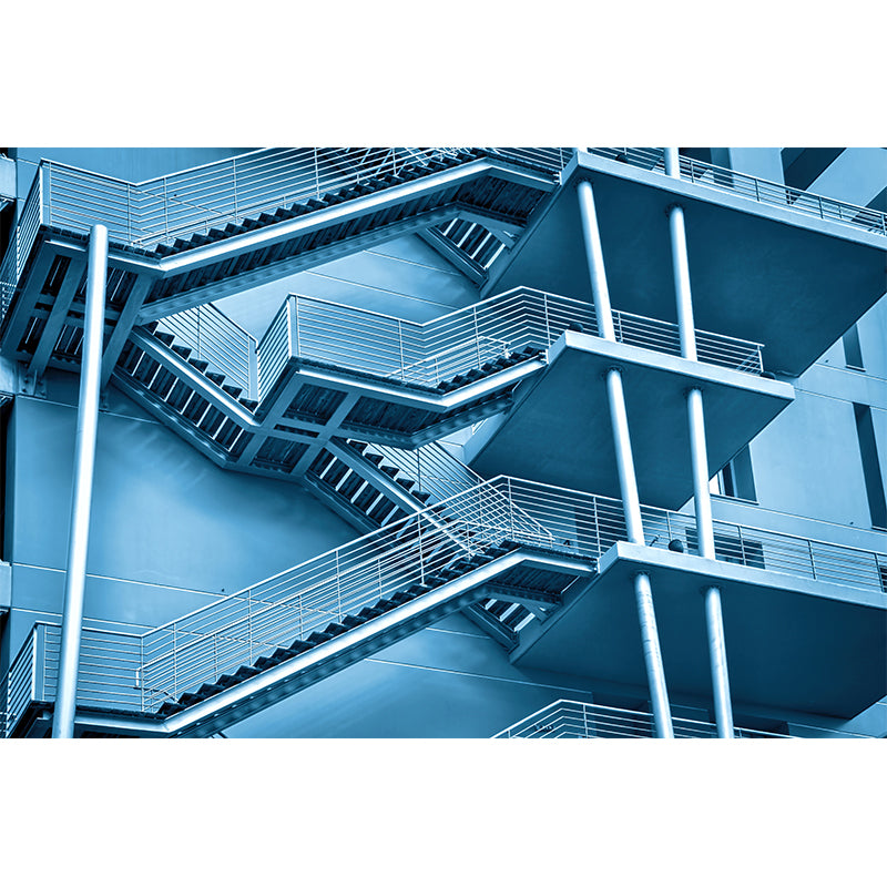 Huge Dog-Legged Stairs Wall Mural House Interior Architecture Wall Art in Blue, Waterproof