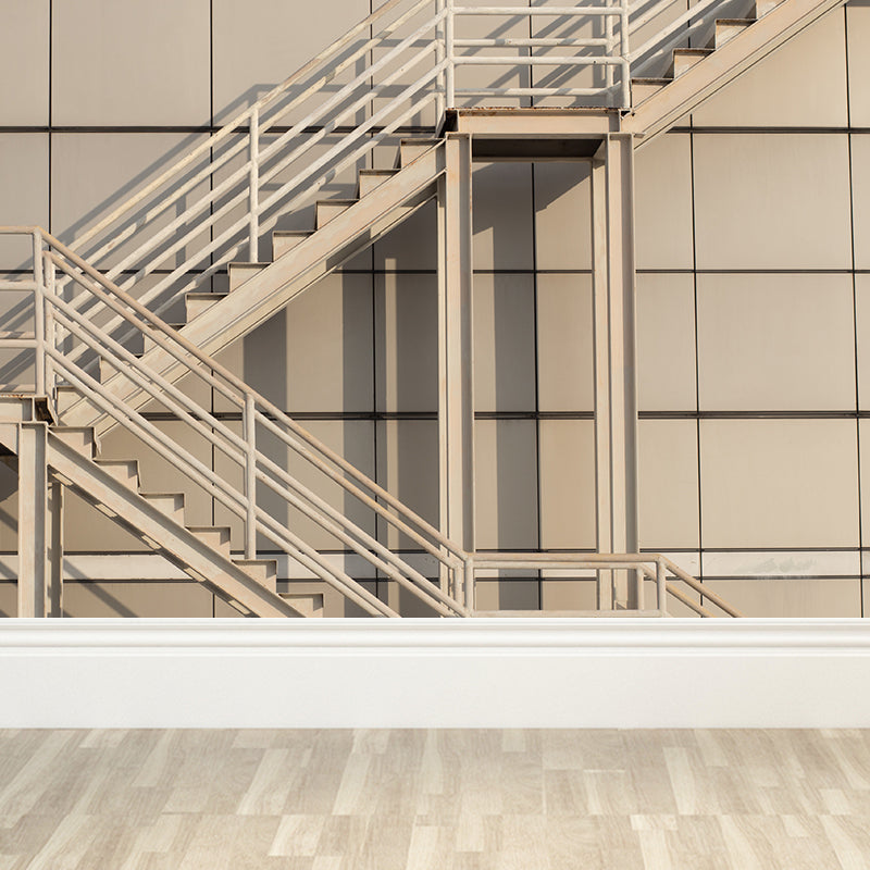 Sunset Staircase View Mural Wallpaper Distressed White Modern Wall Art for Living Room