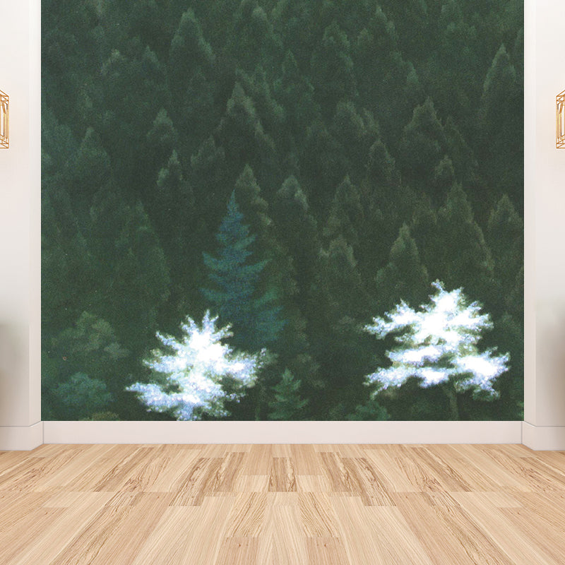 Illustration Style Pine Trees Mural Giant Wall Covering for Dining Room, Personalise
