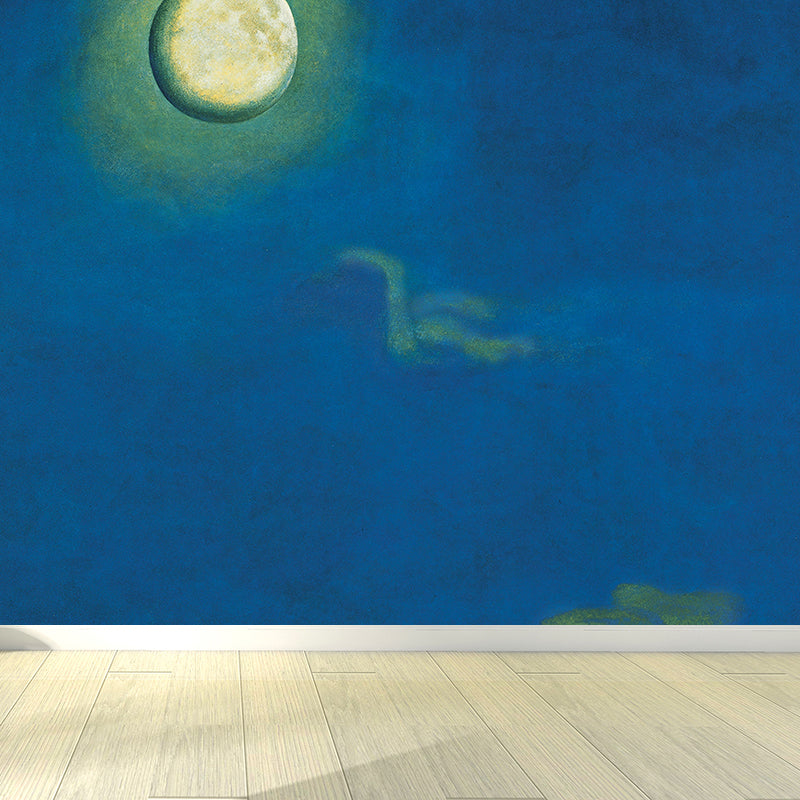 Illustration Moon Night Mural Decal for Living Room, Blue, Custom Size Available